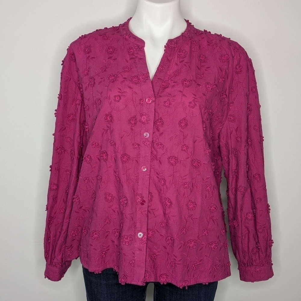 Soft Surroundings pink purple floral long sleeve button up LP